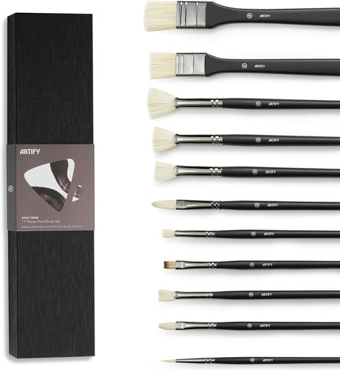 ARTIFY ART SUPPLIES; ARTIFY Oil Paint Brush Set - 11 Pieces | Professional Artist Paint Brush Set for Oil Painting | Natural Hog Bristle Brushes with an Additional Nylon Brush, Perfect for Oil, Acylic and Gouache; Category:Brush Sets; Image:1